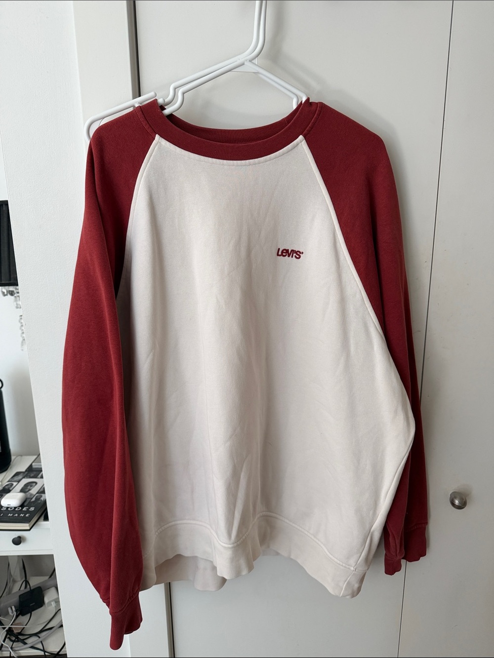 Vintage Levi's Cream Body with Burgundy Raglan Sleeve Sweatshirt